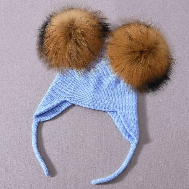 Unisex Wool Knitted Hat with Fluffy Real Raccoon Fur Pompoms