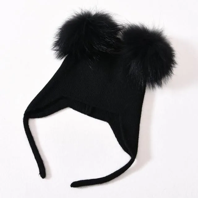 Unisex Wool Knitted Hat with Fluffy Real Raccoon Fur Pompoms