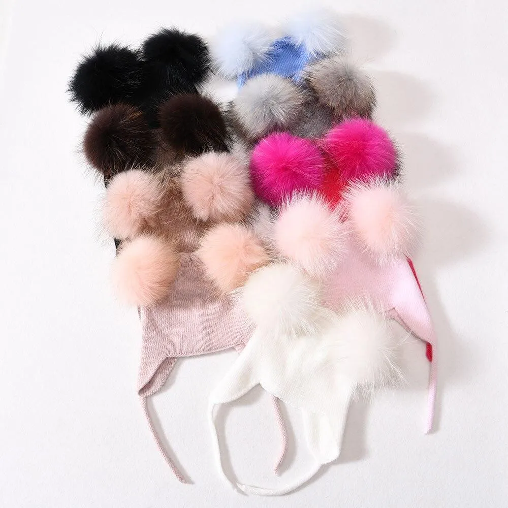 Unisex Wool Knitted Hat with Fluffy Real Raccoon Fur Pompoms