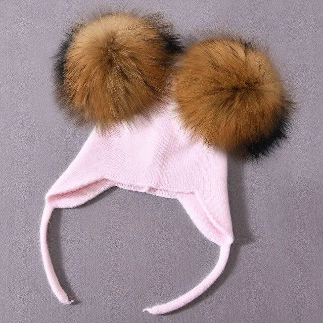Unisex Wool Knitted Hat with Fluffy Real Raccoon Fur Pompoms