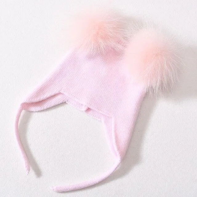 Unisex Wool Knitted Hat with Fluffy Real Raccoon Fur Pompoms