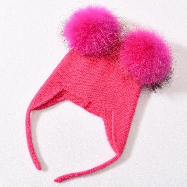 Unisex Wool Knitted Hat with Fluffy Real Raccoon Fur Pompoms