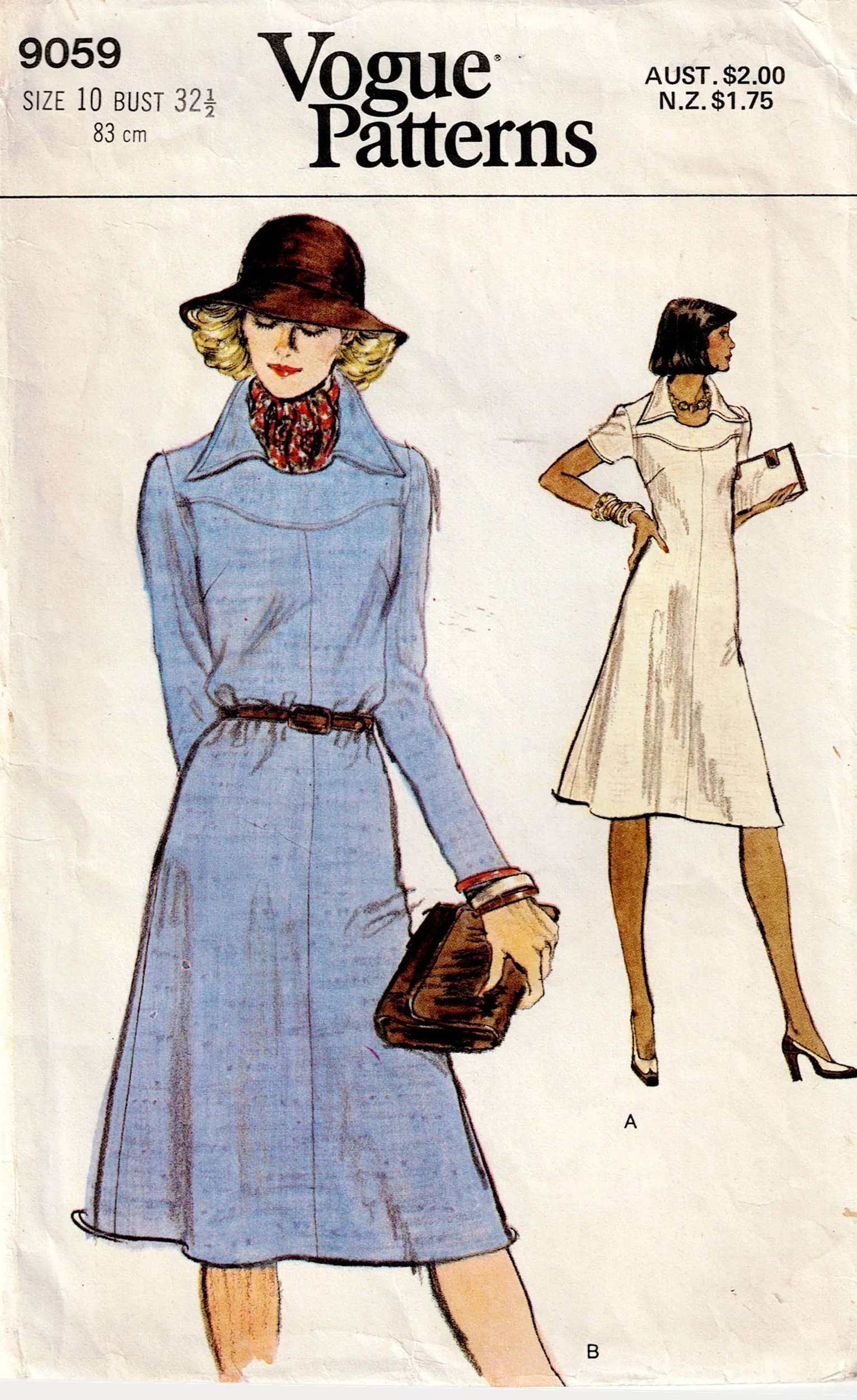 Vogue 9059 Womens Wide Collar Yoked Tent Dress 1970s Vintage Sewing Pattern Size 10 Bust 32.5 inches