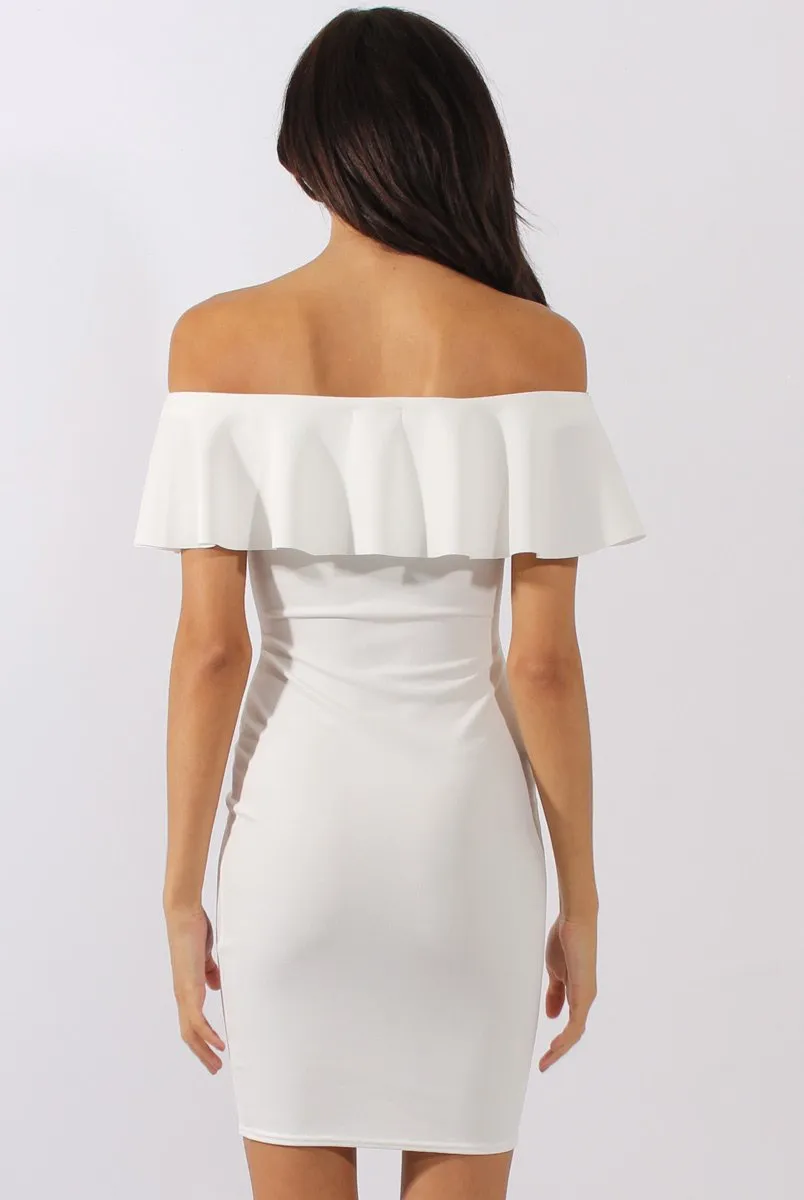 White Bardot Frill Embroidered Dress - Jasmine