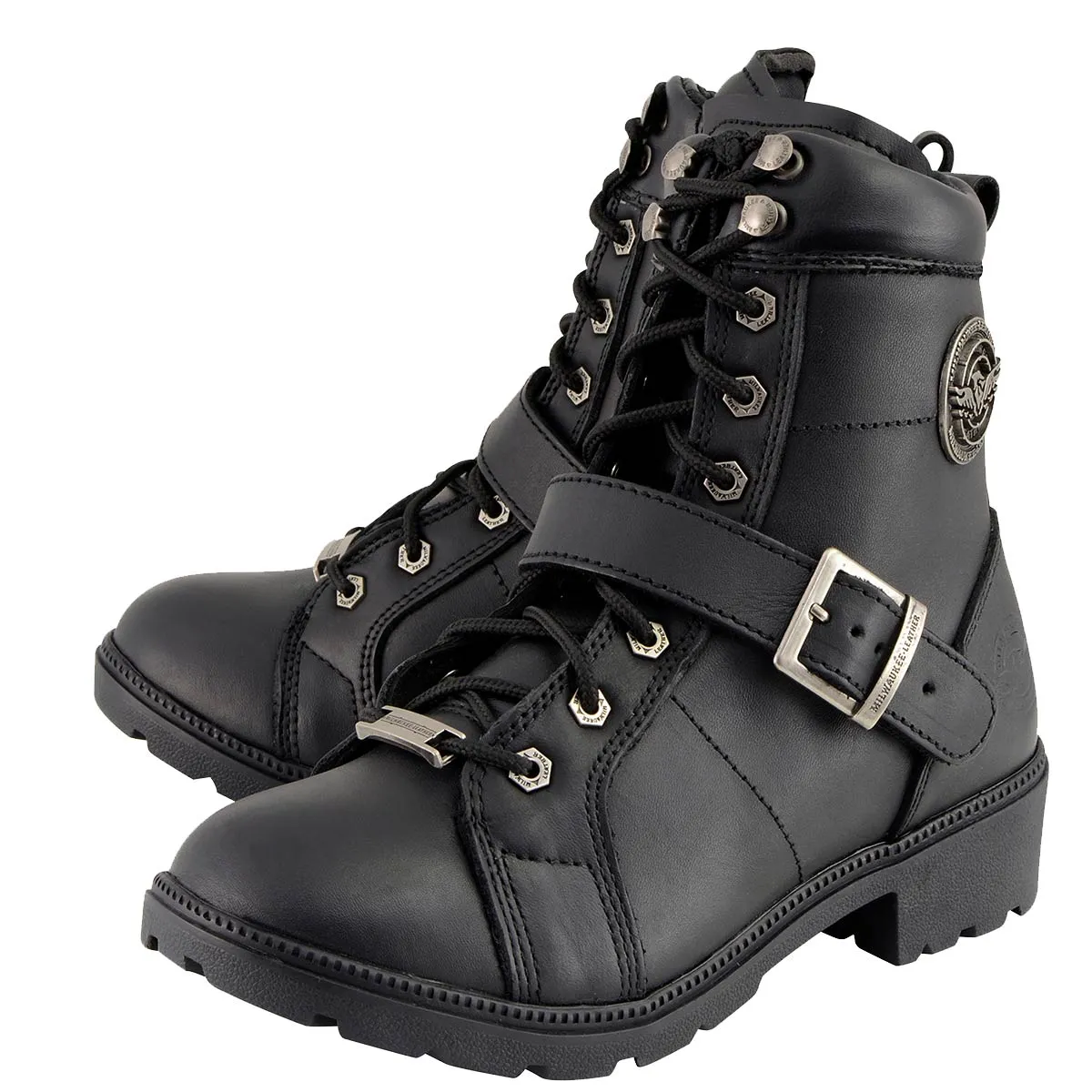 WIDE MBL9325W Women's Wide Width Lace-Up Black Leather Boots with Zippers
