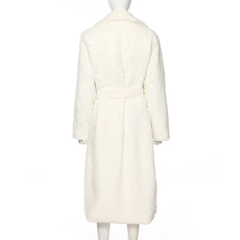 Winter Long White Fluffy Faux Fur Coat