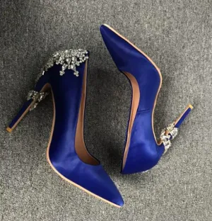 Woman twine diamonds flower high heel blue dress shoes