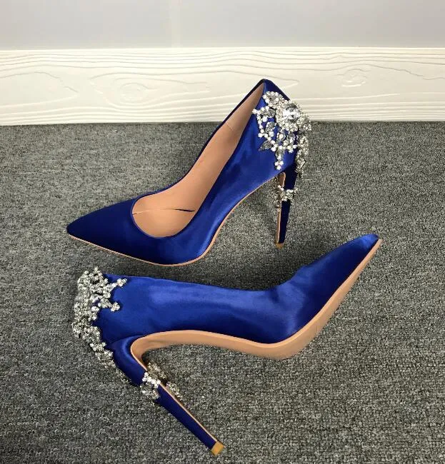 Woman twine diamonds flower high heel blue dress shoes