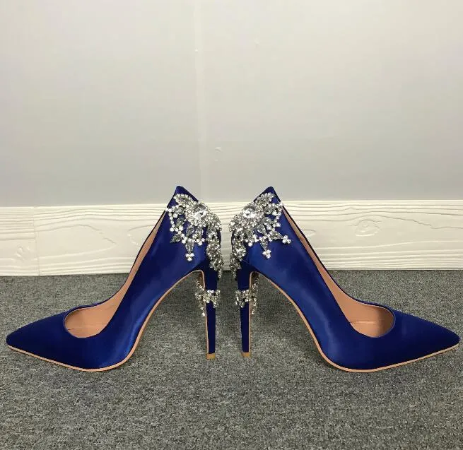 Woman twine diamonds flower high heel blue dress shoes
