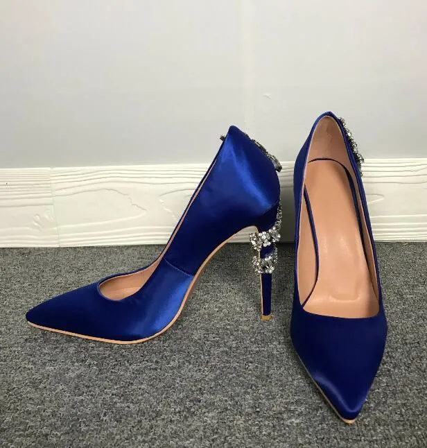 Woman twine diamonds flower high heel blue dress shoes