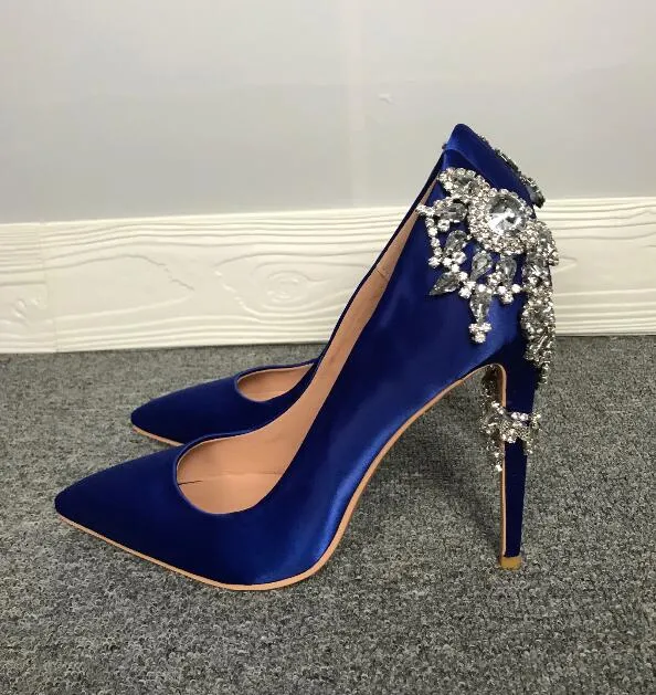 Woman twine diamonds flower high heel blue dress shoes