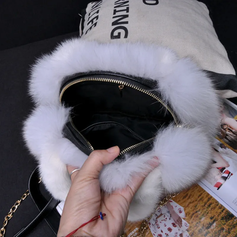 Women's Full Pelt Fur Bags Fox Fur Fashion Handbags Lady Casual Totes Mink Luxury Street Shoulder Bags 7968