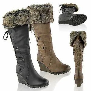 Womens Ladies Mid Wedge High Heel Fur Lined Winter Warm Knee Calf Zip Boots Size