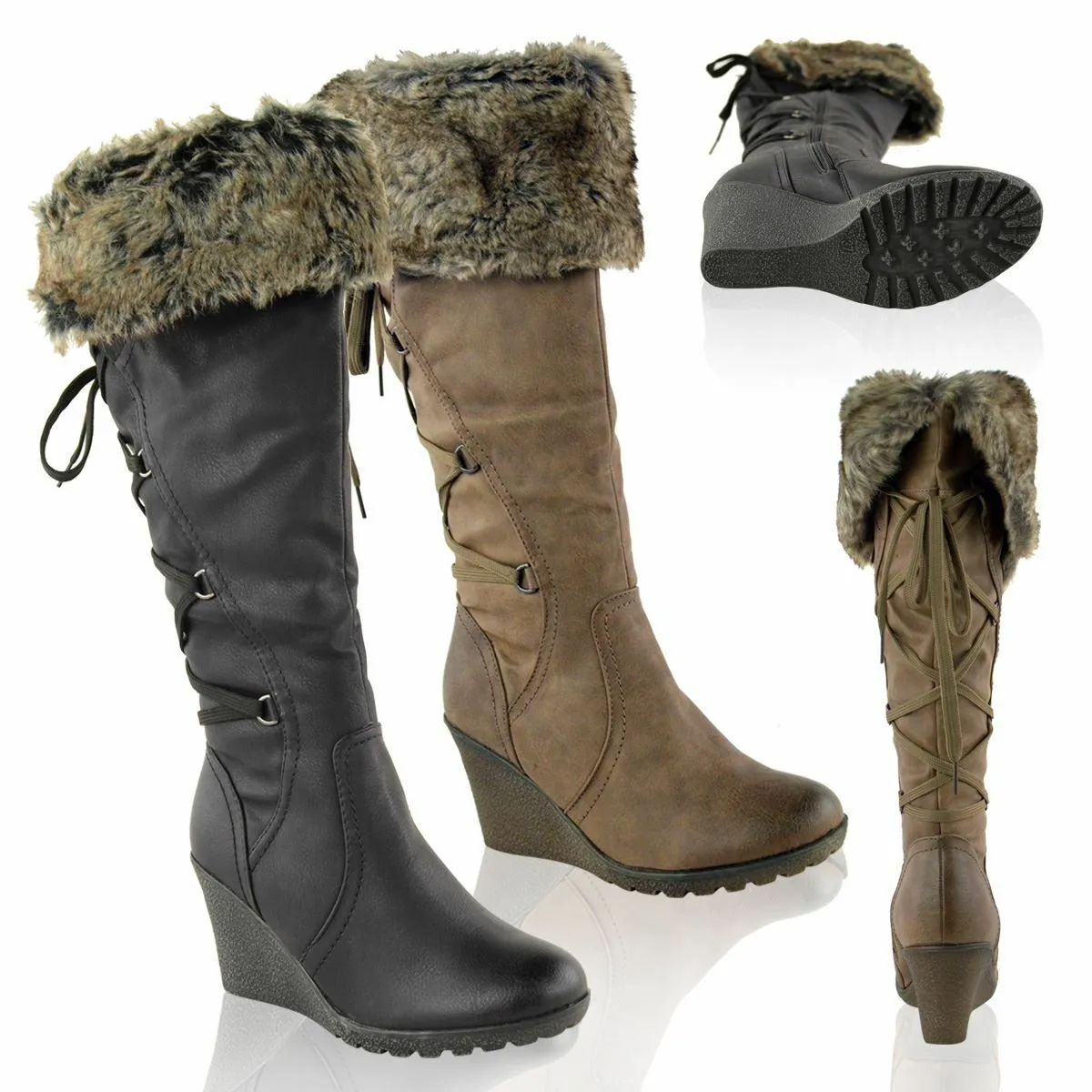 Womens Ladies Mid Wedge High Heel Fur Lined Winter Warm Knee Calf Zip Boots Size