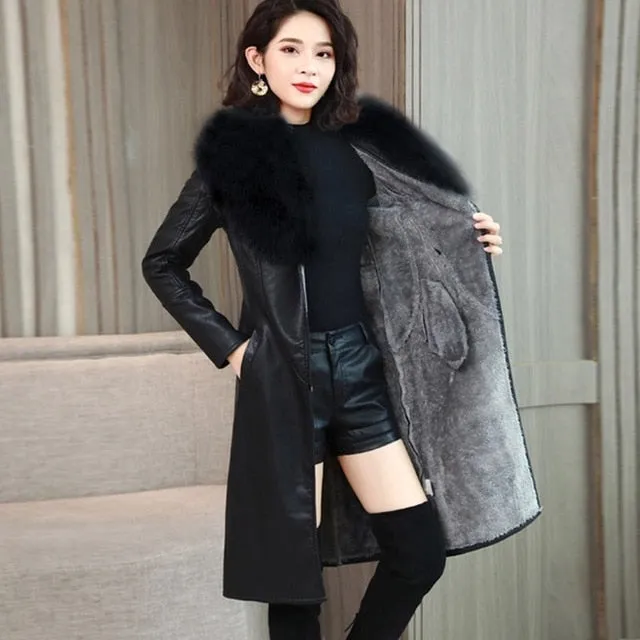Women's Leather Jacket for Winter 2019 New Plus Velvet Warm Slim Big Fur Collar Long Leather Coat Female Outerwear M-4XL