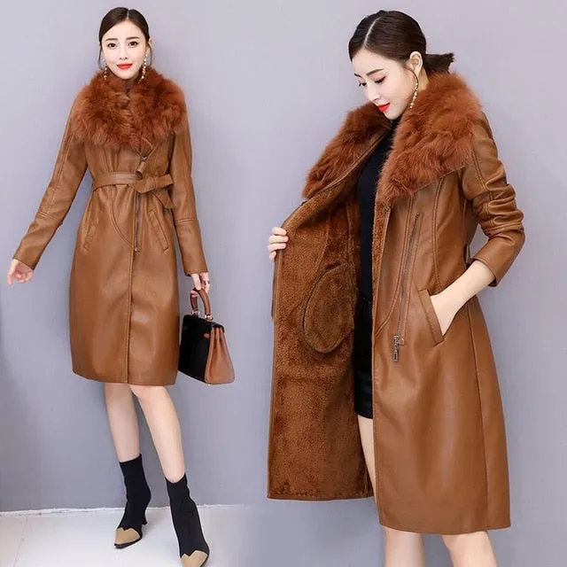 Women's Leather Jacket for Winter 2019 New Plus Velvet Warm Slim Big Fur Collar Long Leather Coat Female Outerwear M-4XL