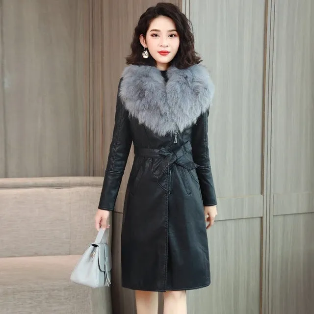 Women's Leather Jacket for Winter 2019 New Plus Velvet Warm Slim Big Fur Collar Long Leather Coat Female Outerwear M-4XL