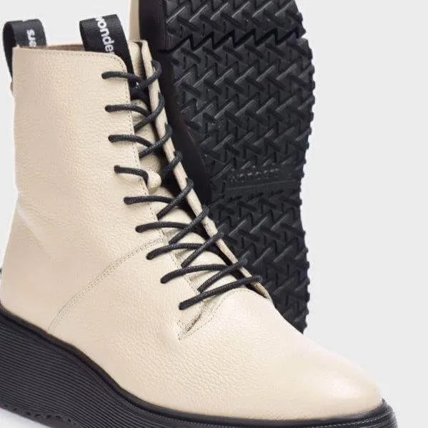 Wonders Cream Leather Lace Up Biker Boots