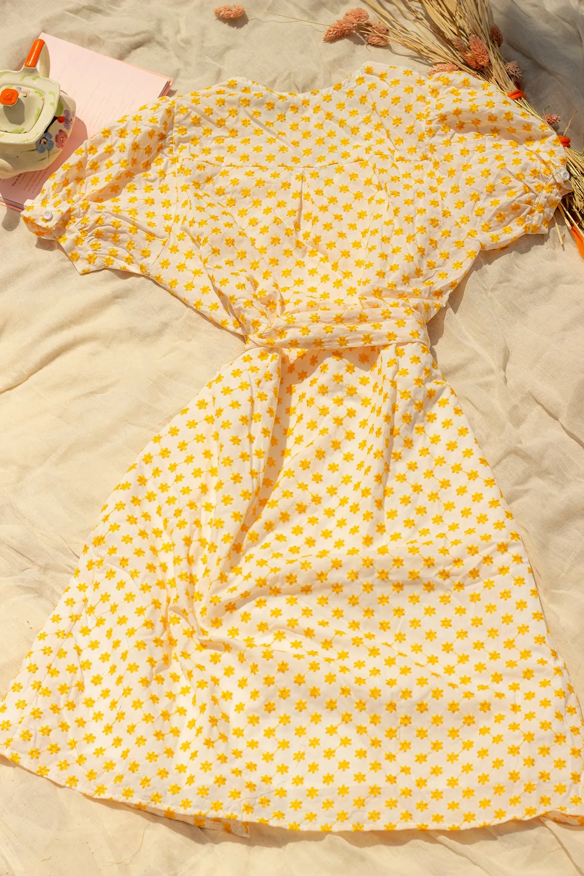 Yellow Embroidered Flower Peter Pan Collar Midi Dress