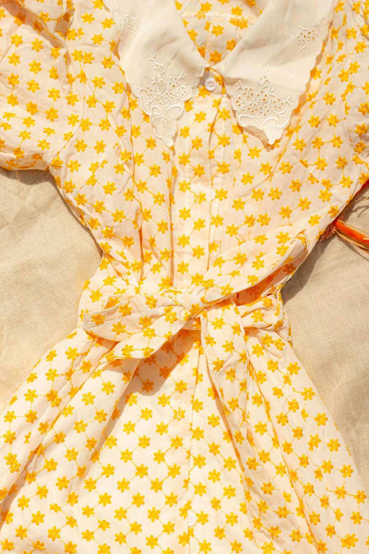 Yellow Embroidered Flower Peter Pan Collar Midi Dress