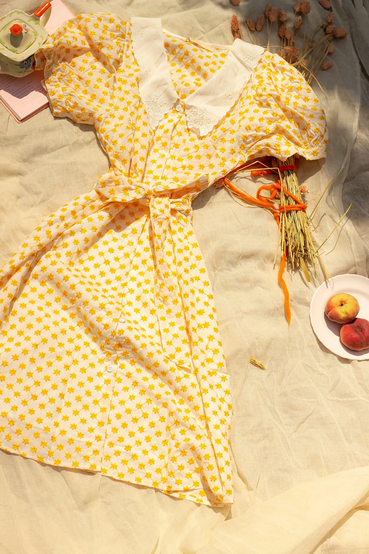 Yellow Embroidered Flower Peter Pan Collar Midi Dress