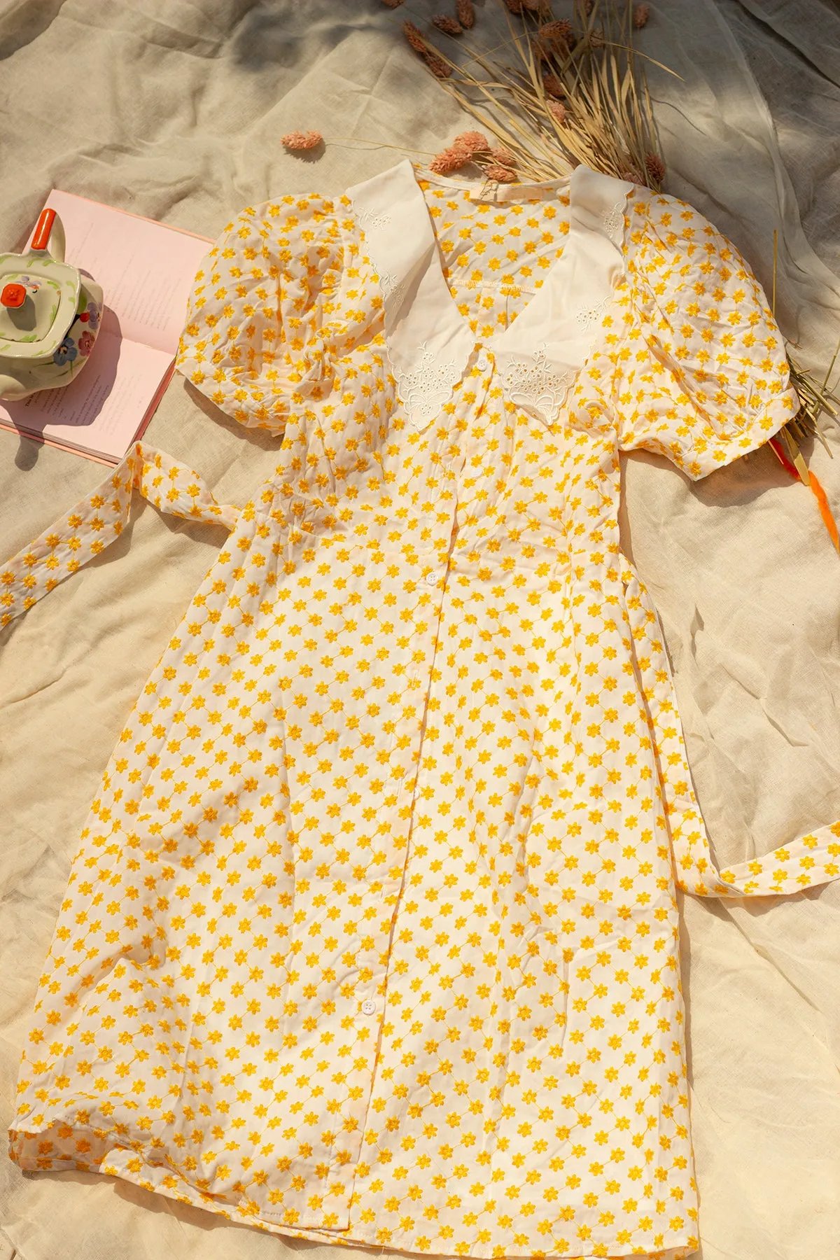 Yellow Embroidered Flower Peter Pan Collar Midi Dress
