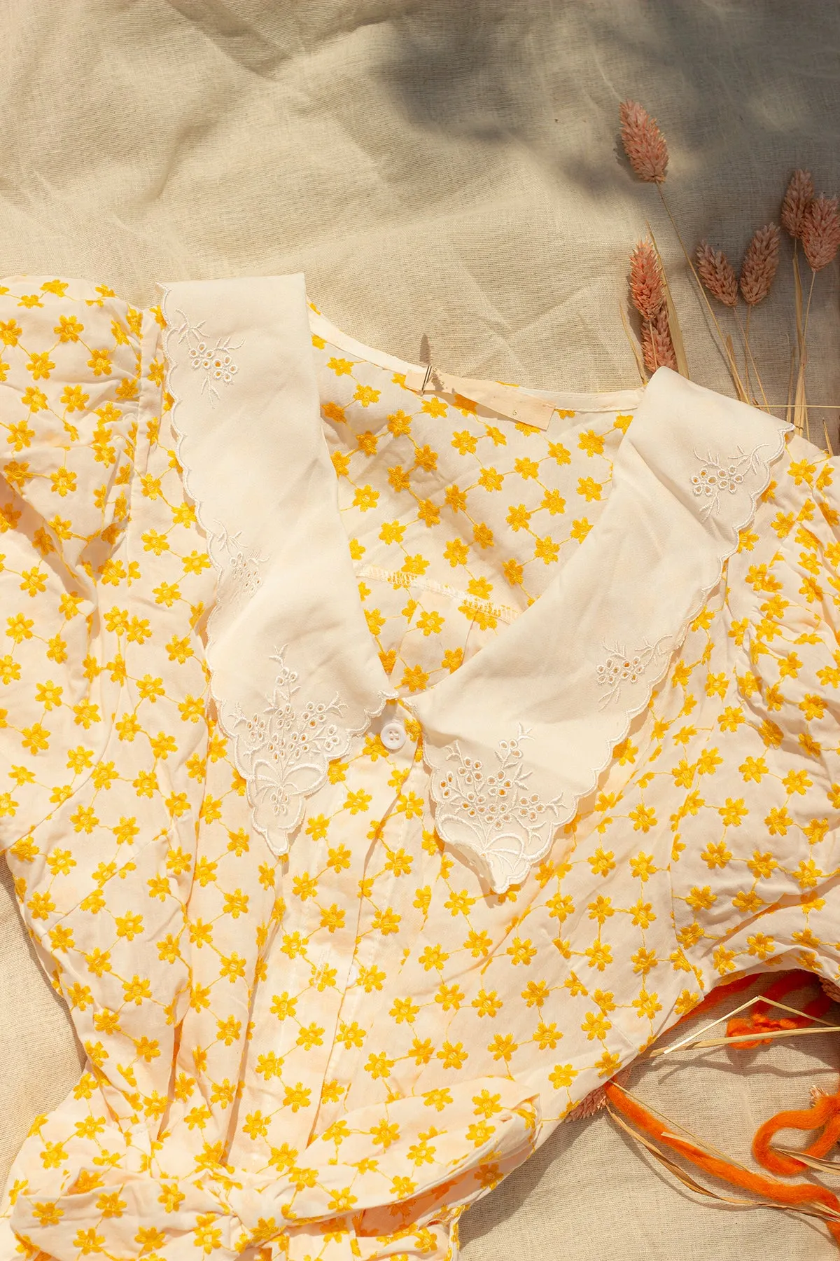 Yellow Embroidered Flower Peter Pan Collar Midi Dress