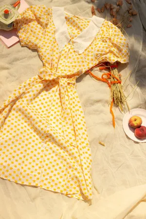 Yellow Embroidered Flower Peter Pan Collar Midi Dress