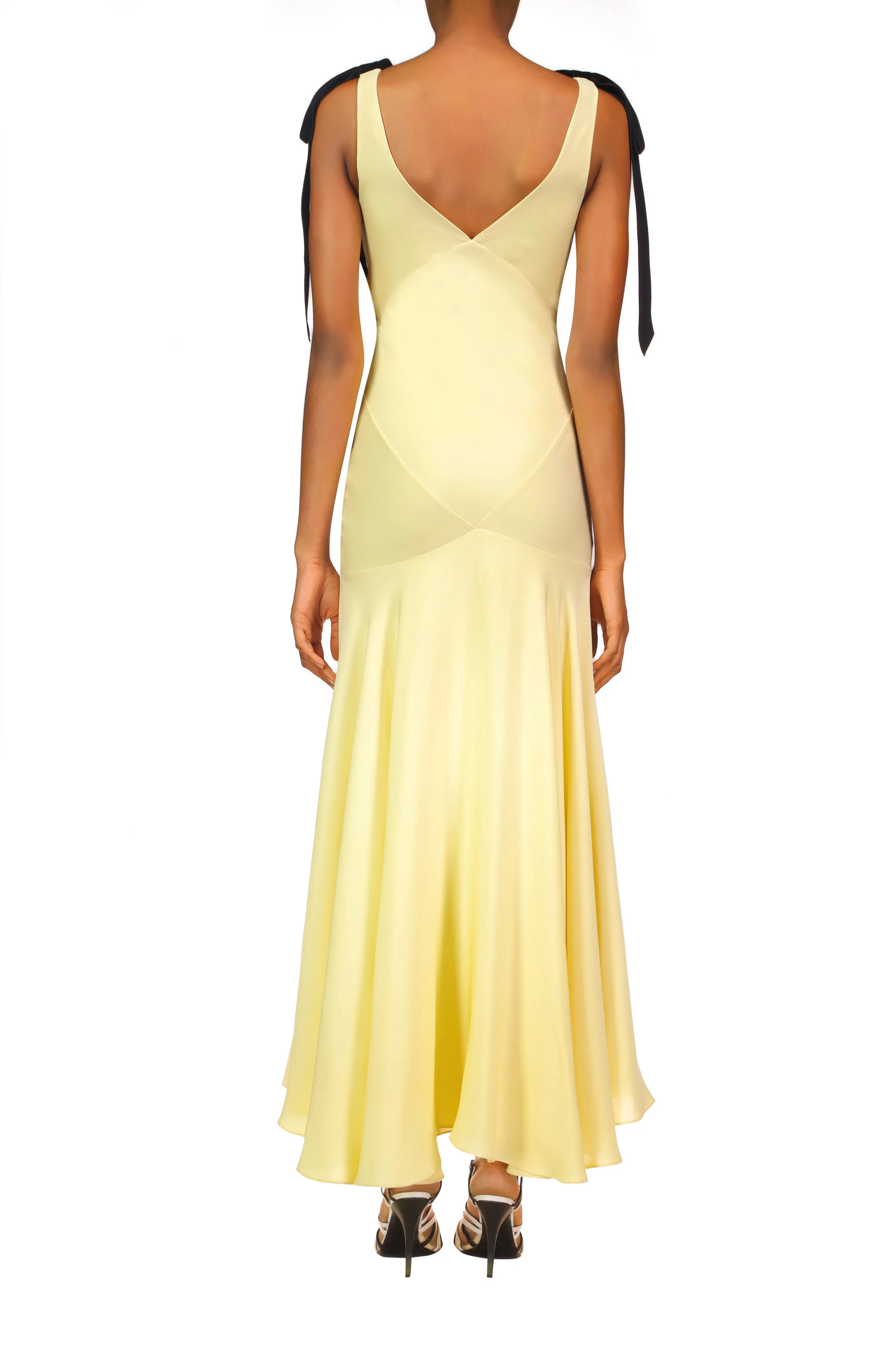 Yellow Silk Crepe Bias Dress With Black Velvet Ribbon Bow Detail