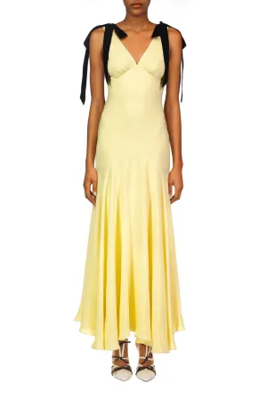 Yellow Silk Crepe Bias Dress With Black Velvet Ribbon Bow Detail